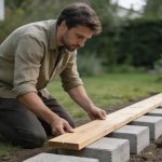 Homme agenouille pose lambourdes bois sur parpaings alignes dans jardin