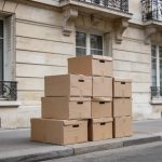 Rue parisienne avec facade haussmannienne, cartons empiles sur le trottoir