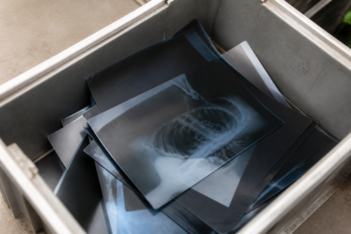 Radiographies anciennes empilees dans container recyclage