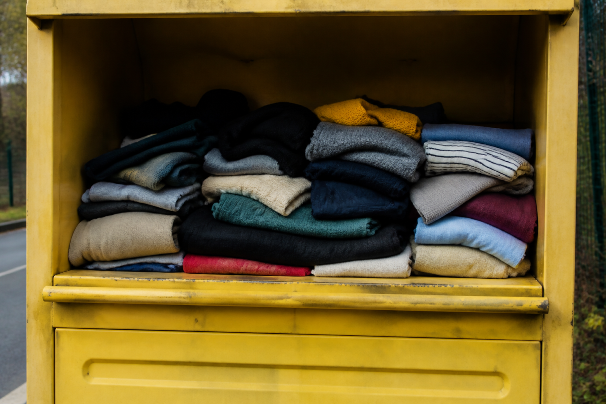 Conteneur jaune de collecte rempli de vetements plies