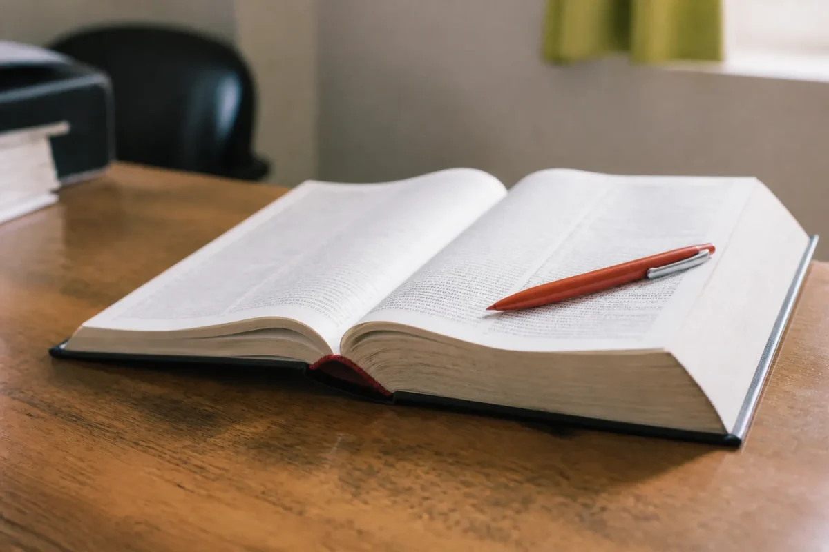 Dictionnaire ouvert sur un bureau avec stylo rouge