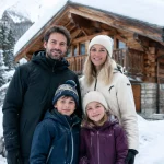 Famille debout devant un chalet alpin enneigé