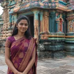 une femme en sari debout devant un temple colore