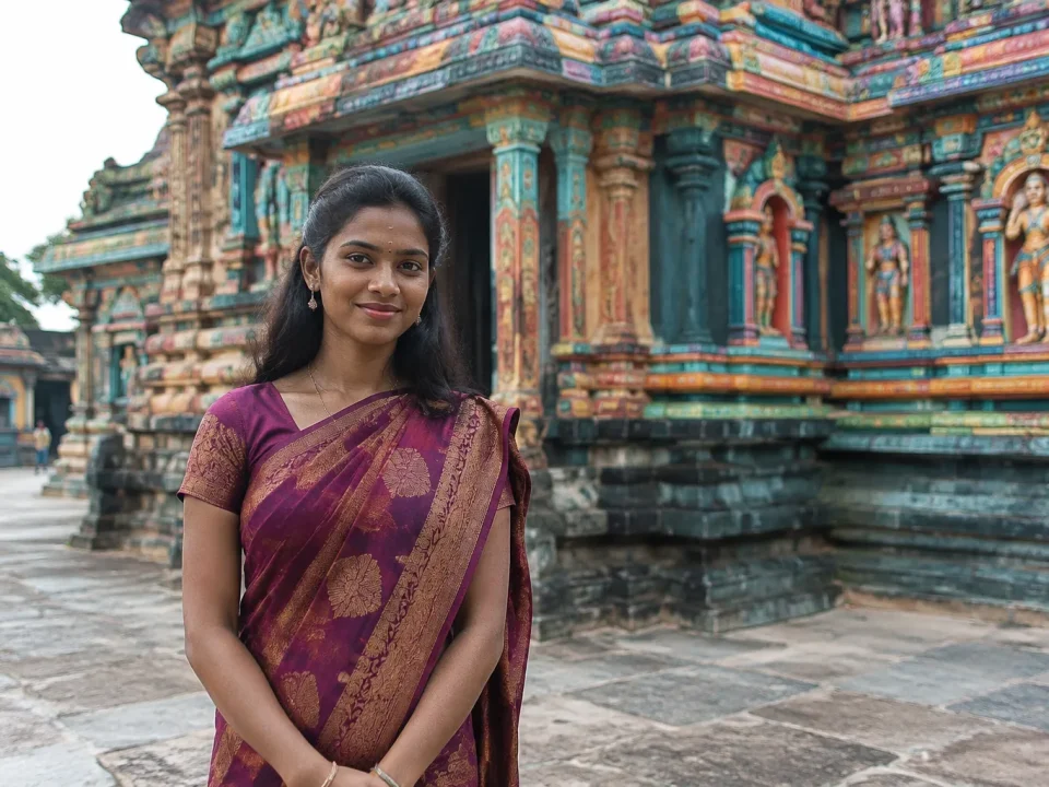 une femme en sari debout devant un temple colore