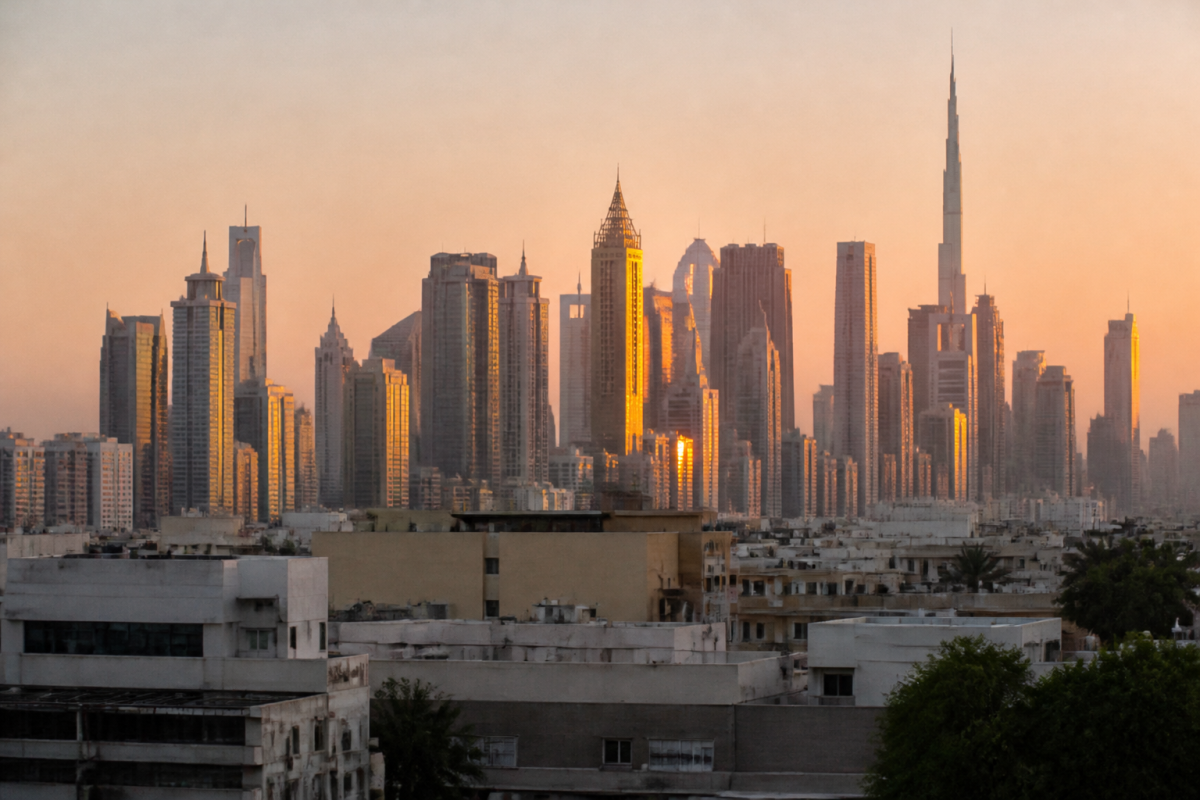 Gratte-ciel illumines au coucher du soleil sur Dubai