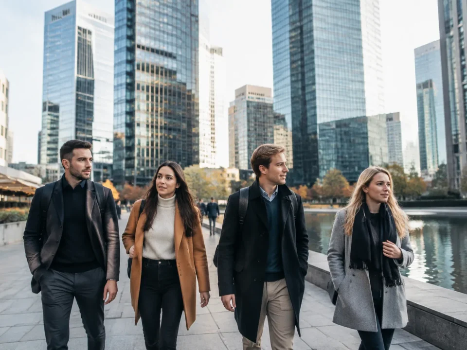Groupe de personnes marchant devant gratte-ciel moderne