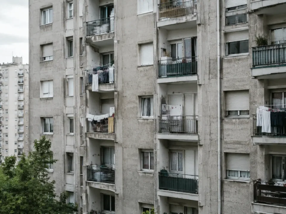 Hauts immeubles gris avec balcons et linge suspendu