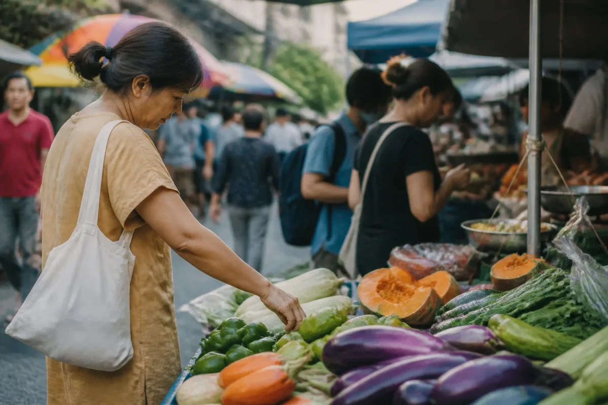 Marche de quartier avec etals colores et passants
