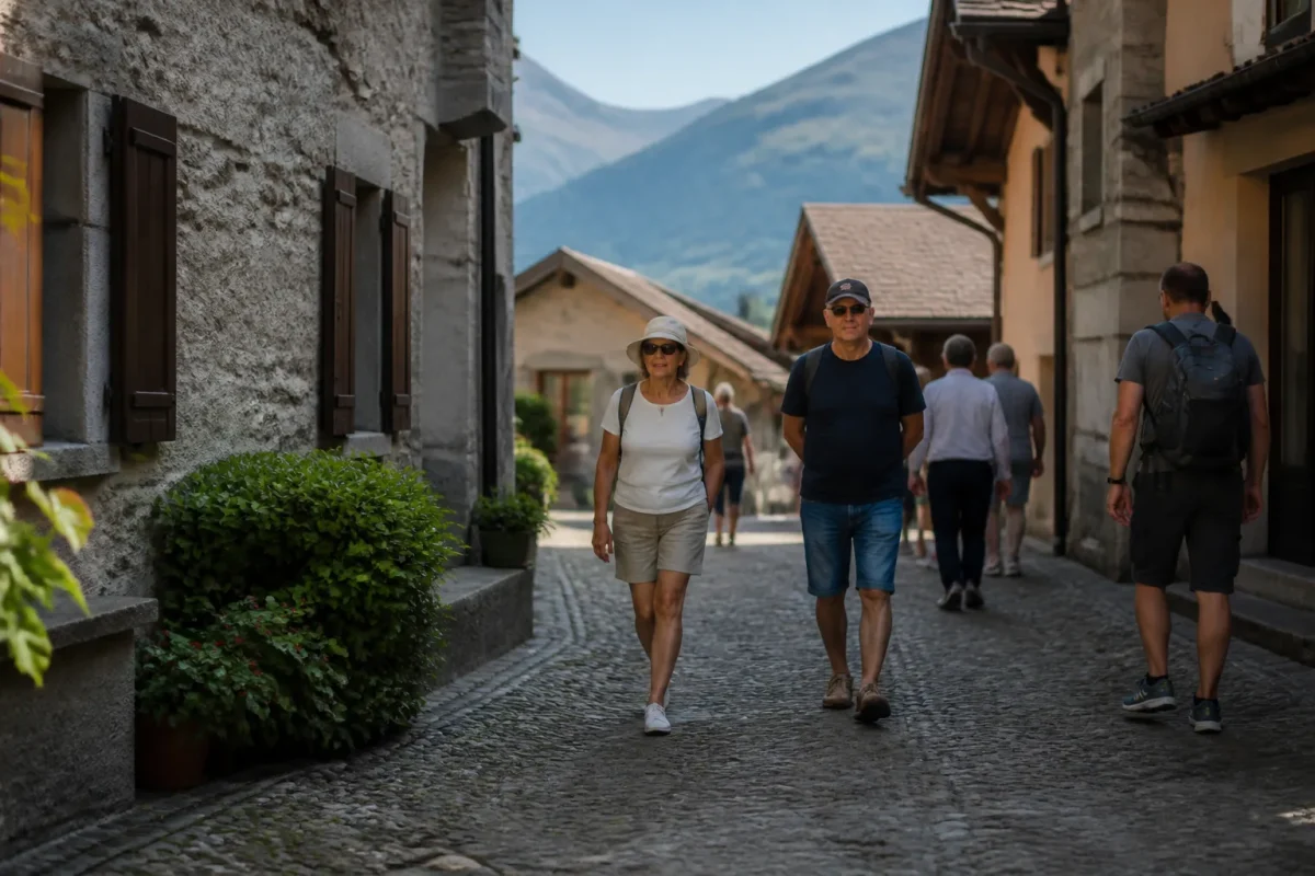 Passants marchant dans une rue pavee d'un village suisse