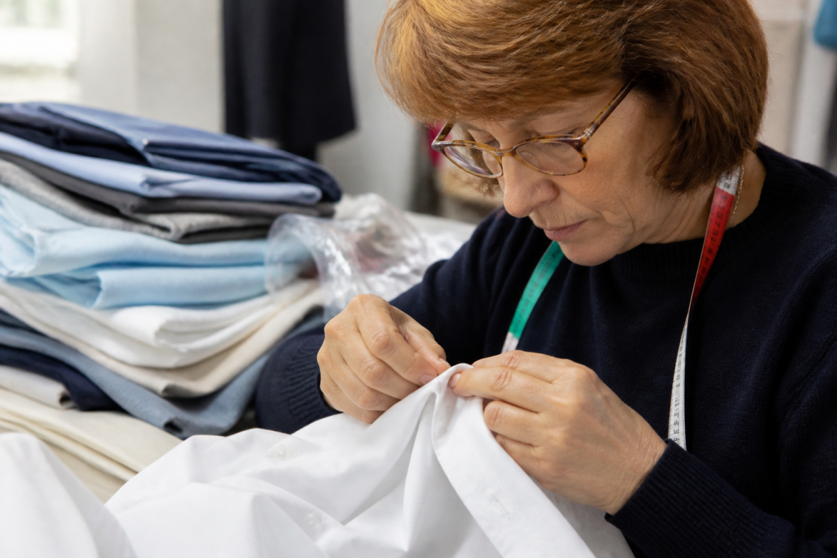 Retoucheuse recousant un bouton sur une chemise blanche