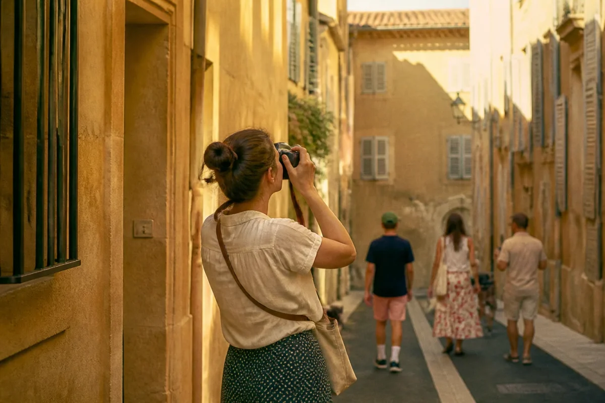 Ruelle ensoleillee avec facades ocre et touristes photographiant