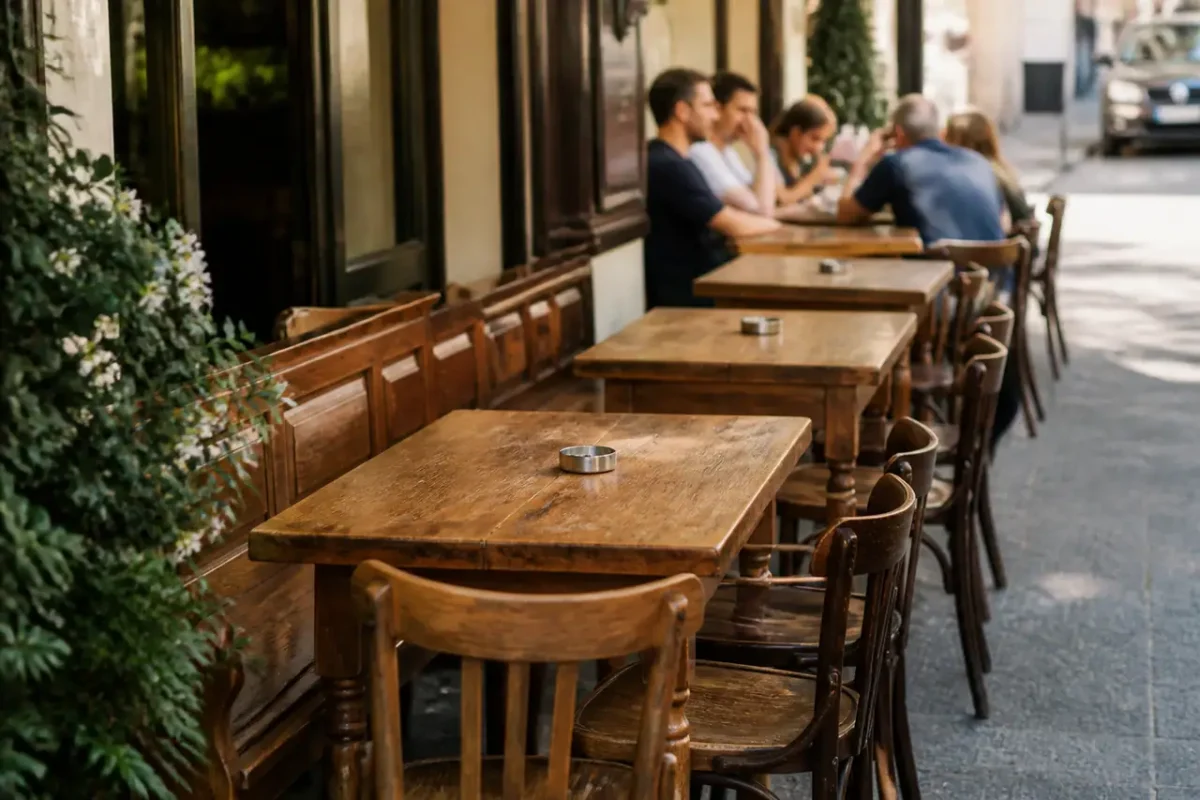 Terrasse de bistrot avec tables en bois