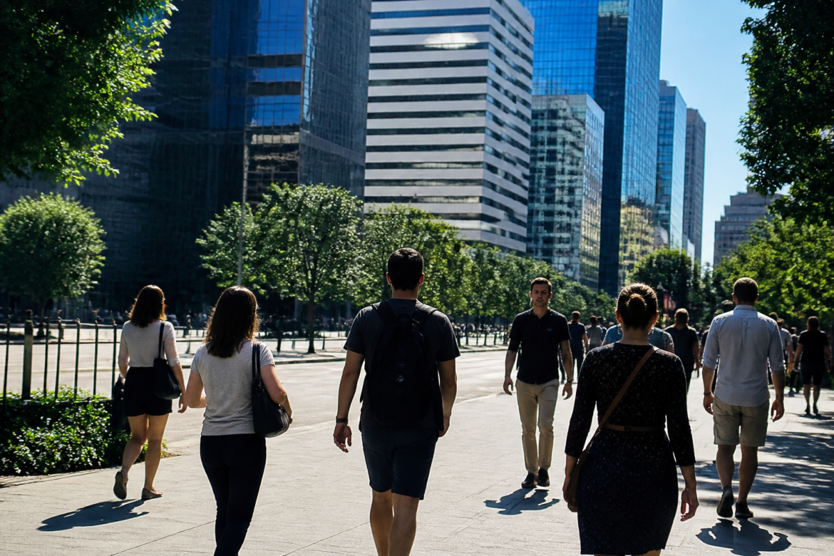 Tours modernes et passants marchant sur une avenue ensoleillee
