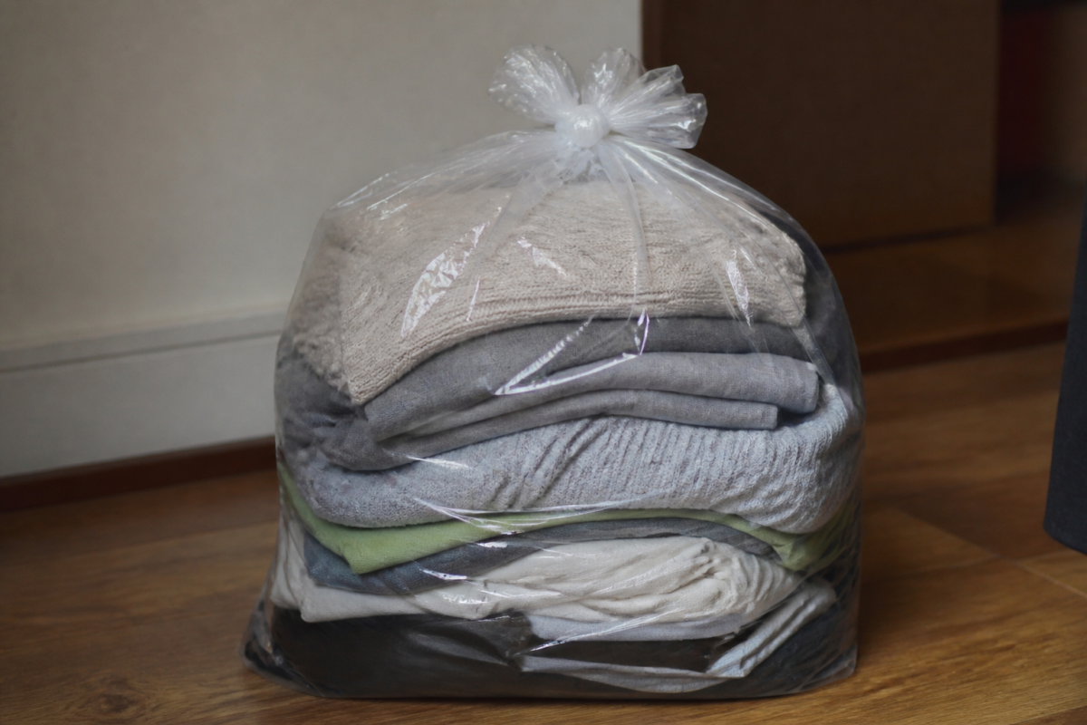 Vetements propres empiles dans sac plastique ferme