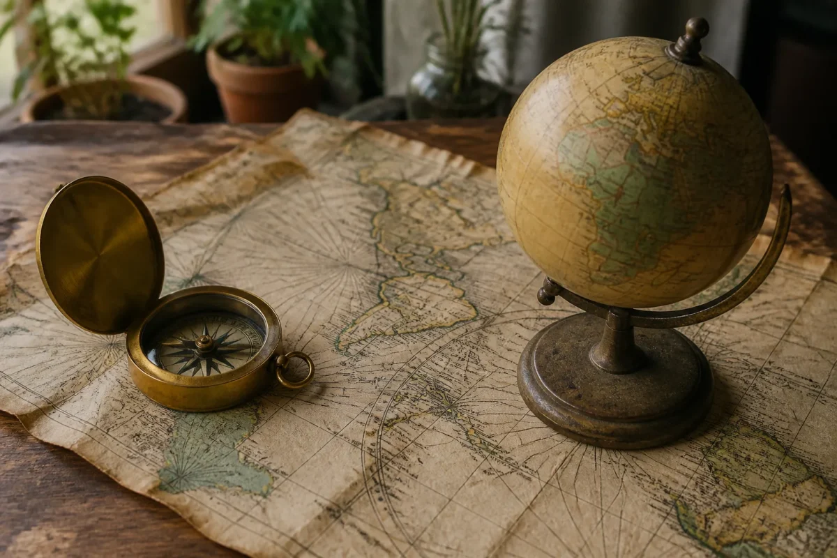 Vieille carte marine avec boussole en laiton et globe